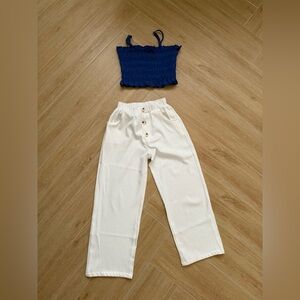 SHEIN girls  Smocked Crop Top with White Button-Front Pants